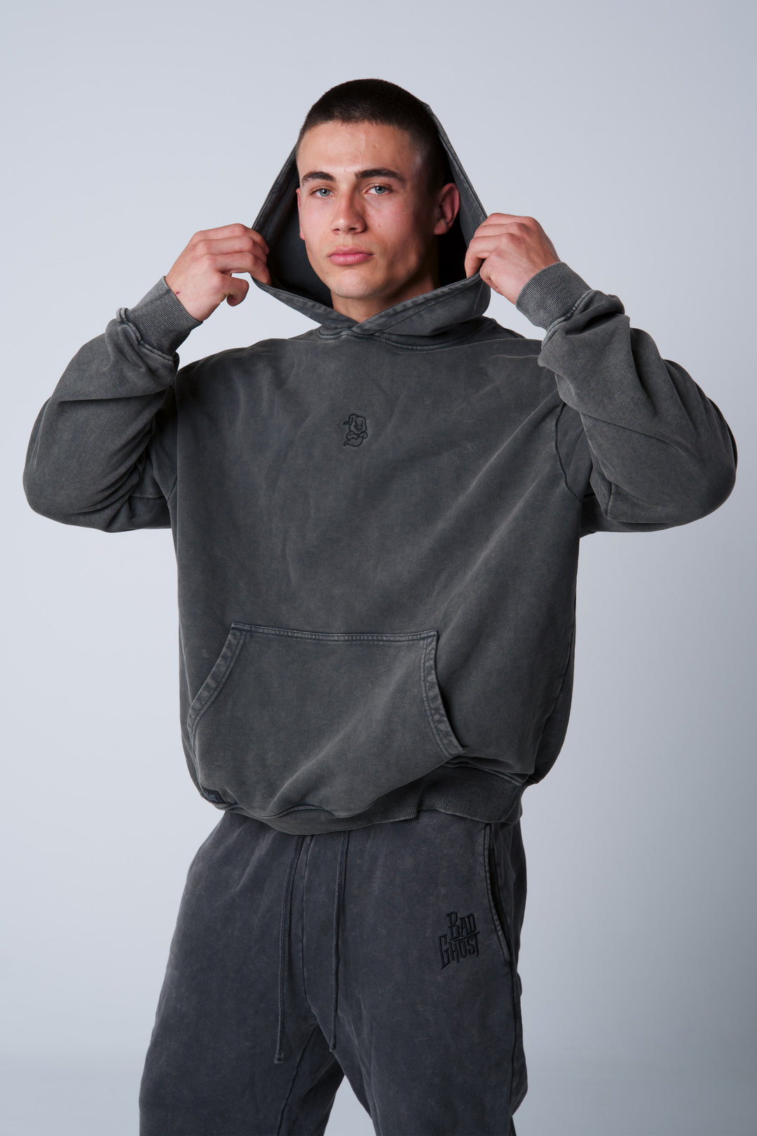 Bad Ghost Eternal Rise oversized hoodie ash acid grey front view